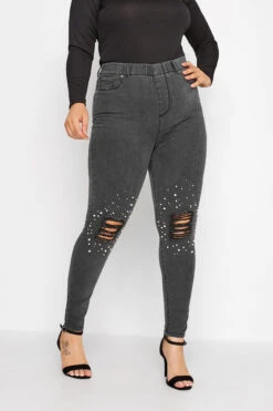 Jegging GRACE Noir Délavé Strass Aux Genoux