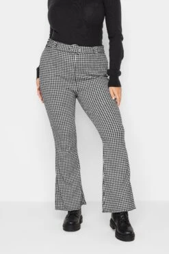 LIMITED COLLECTION Curve Black & White Dogtooth Belted Spilt Hem Flare Trousers