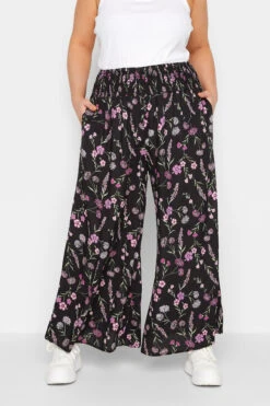 YOURS - Pantalon Wide Leg Noir & Rose Petites Fleurs