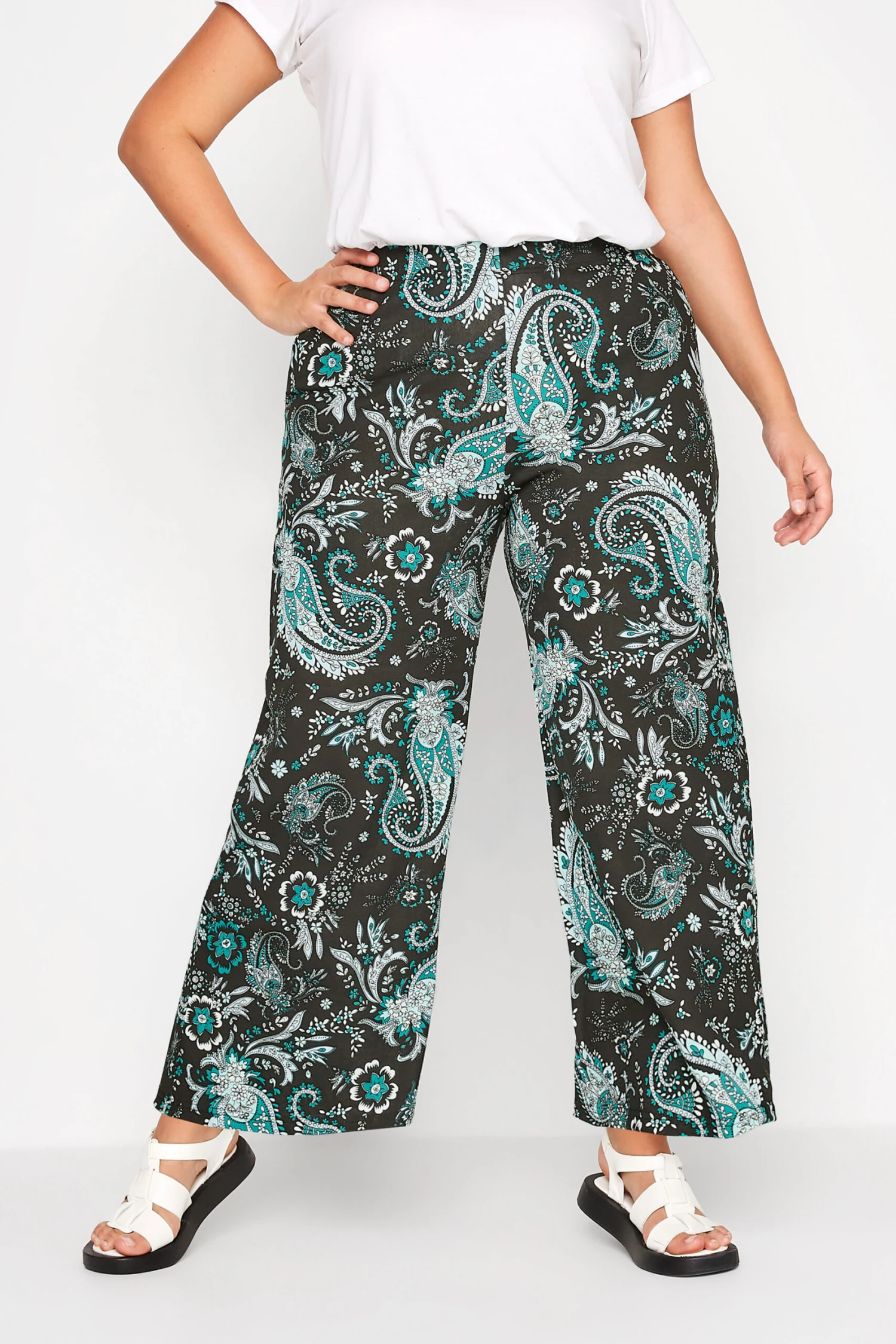 Pantalon Noir & Vert Imprimé Paisley Wide Leg