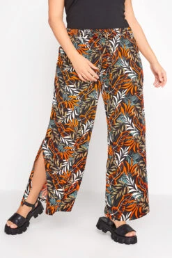 Pantalon Wide Leg Noir Feuilles Orange