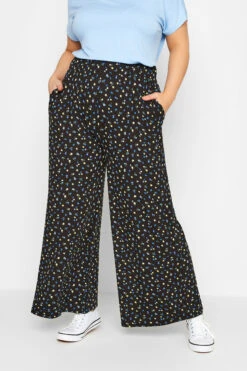 YOURS - Pantalon Noir Wide Leg Floral Bleu & Jaune Ă Poches