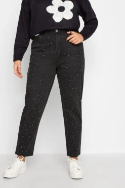 Jean MOM Noir Délavé En Strass