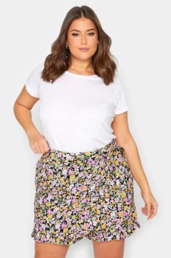YOURS - Jupe-Short Noire Floral Rose & Jaune