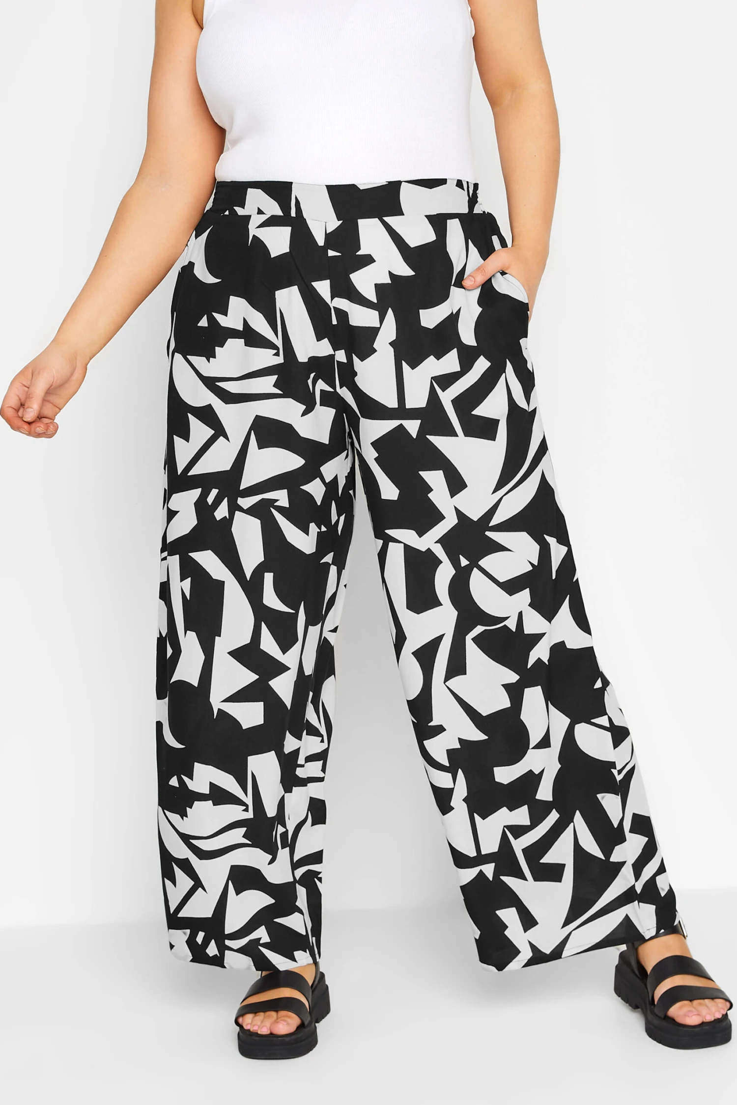 YOURS - Pantalon Wide Leg Noir & Blanc Imprimé Abstrait