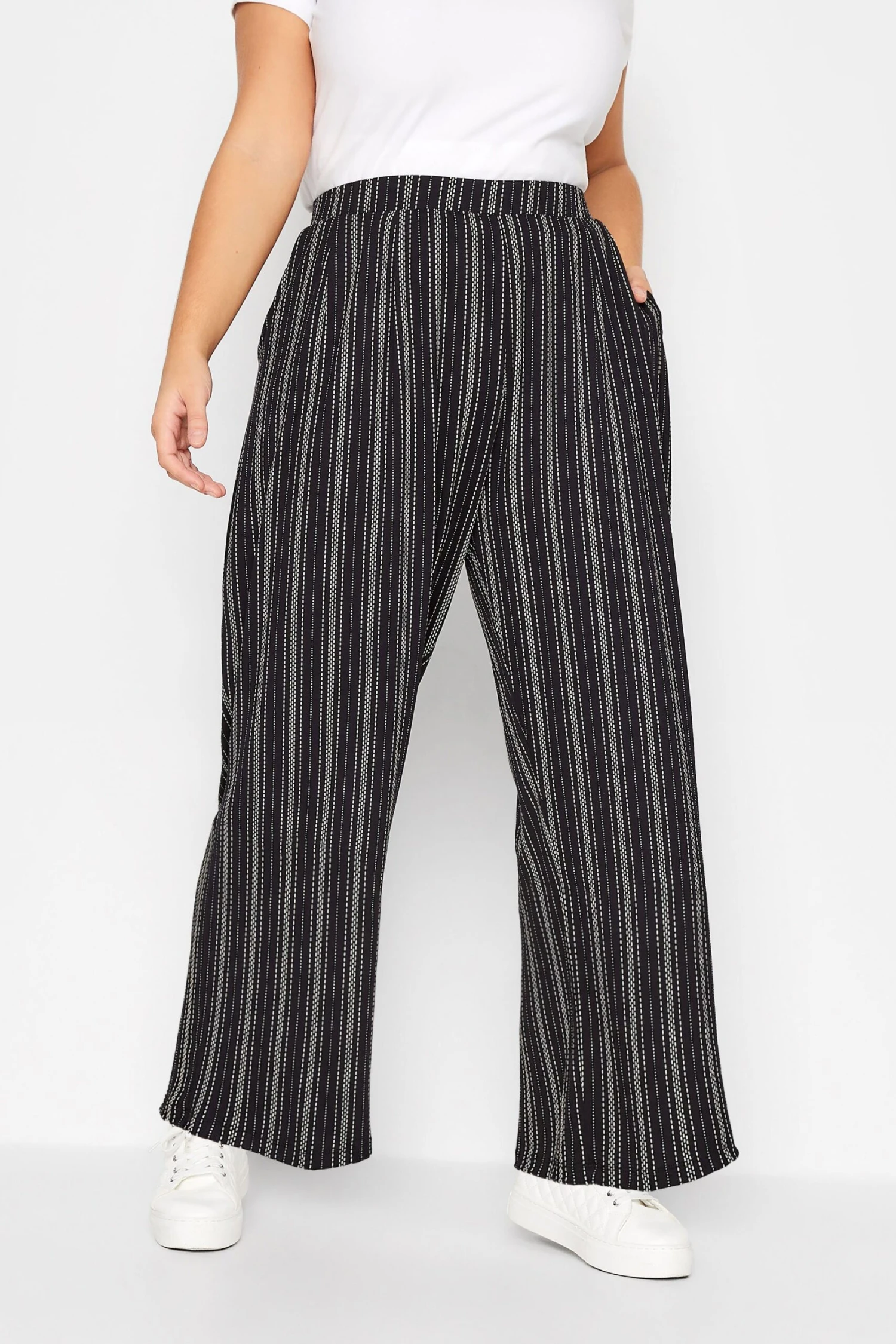 Pantalon Wide Leg Noir Stretch Ă Rayures